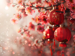 Fototapeta premium Colorful illustration with attributes of Chinese New Year celebration. Neural network AI generated art
