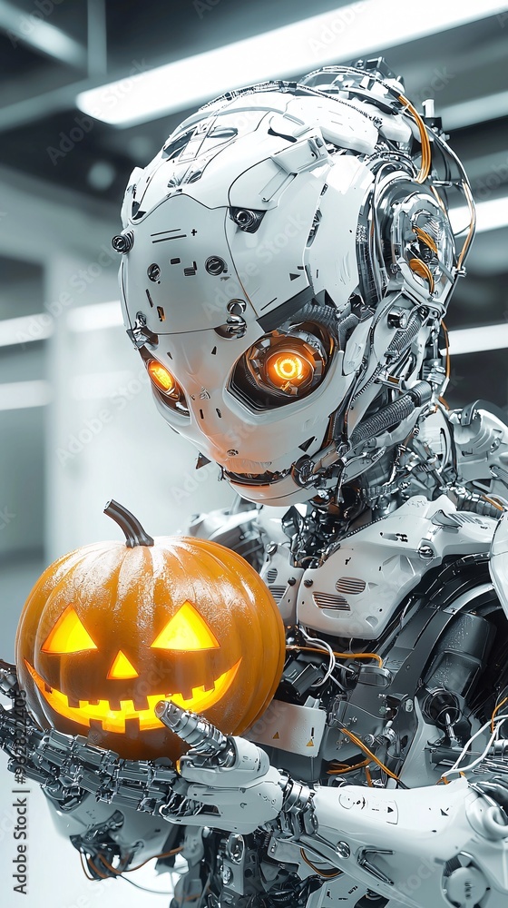 Poster a sci-fi robot with glowing eyes and cybernetic enhancements holds a carved pumpkin in a high-tech, 
