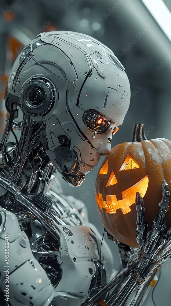 Poster a sci-fi robot with glowing eyes and cybernetic enhancements holds a carved pumpkin in a high-tech, 