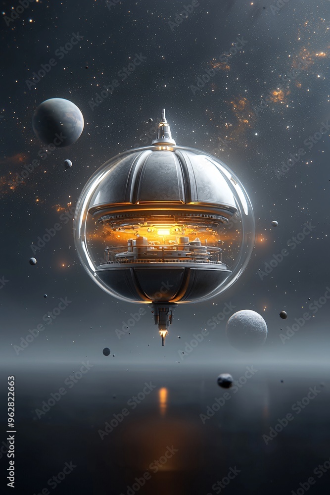 Poster a glowing pumpkin-shaped spaceship hovers in a distant galaxy, with planets and asteroids floating i