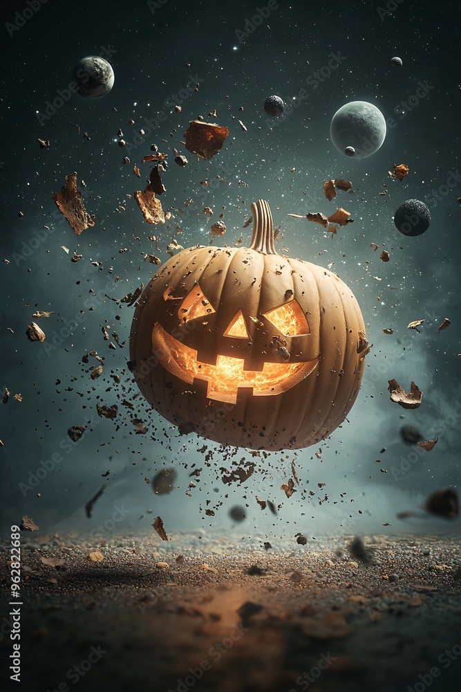 Poster a glowing pumpkin-shaped spaceship hovers in a distant galaxy, with planets and asteroids floating i