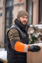 Man delivers parcel on snowy sidewalk. Delivery service worker hands package at house door. Winter scene with trees and black building facade. Snowy ground and beige beanie visible.