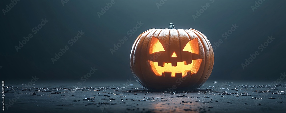Poster a glowing jack-o'-lantern floats inside a force field in deep space, with stars and distant planets 