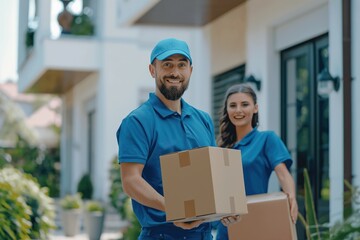 Delivery workers bring big boxes to new home. Two uniformed staff members hold brown cardboard packages on sidewalk outside white house with tree in background. They smile and look directly at camera.