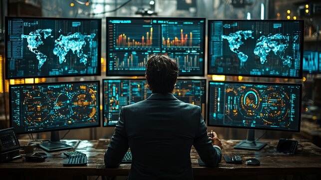 A man sitting at a desk in front of six computer monitors, with glowing blue and orange graphics on the screens.