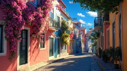 Fototapeta premium A beautiful, colorful narrow Portuguese street adorned with bright flowers on building facades under a blue sky