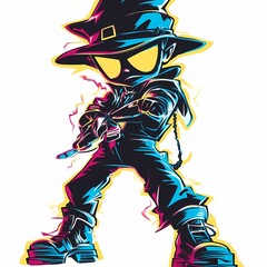 Fototapeta premium A cartoon character with a hat and a gun, drawn in a vibrant blue, pink, and yellow color scheme.