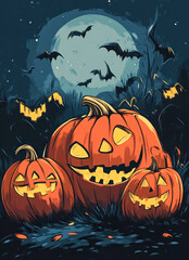 Fototapeta premium Spooky Halloween jack-o'-lanterns with bats and full moon