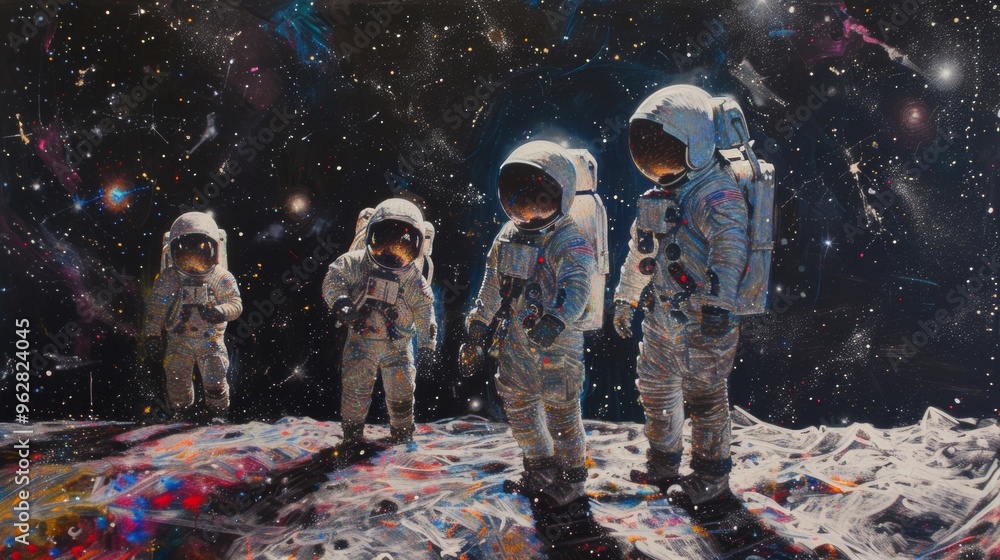 Poster four astronauts in full spacesuits explore a vividly colorful cosmic landscape. the scene blends the