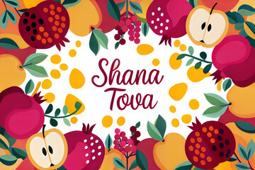 Festive Rosh Hashanah card with colorful pomegranates, apples, and honey drops design