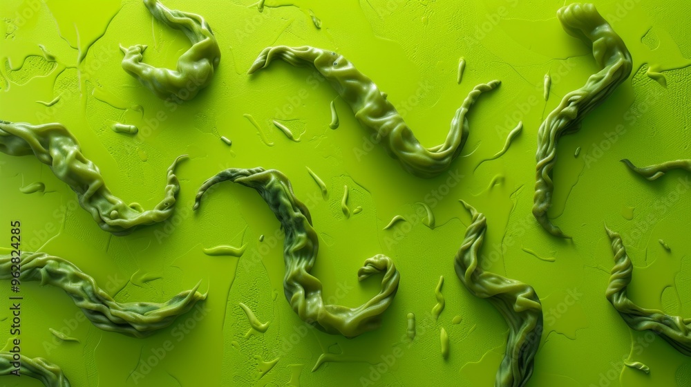 Aufkleber abstract twisting green shapes scattered on a matching green textured background, creating a dynamic
