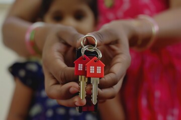 Person holds two house-shaped keychains on pink dress. Keychain keys attached to ring. Blurred room background suggests new home. Family celebrates moving in with personalized gifts.