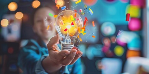 Energetic ENFP brainstorming innovative ideas, selective focus, theme of creativity, dynamic, overlay, modern office backdrop