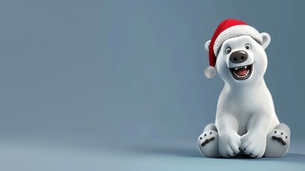 Fototapeta premium Funny polar bear in Santa Claus hat on bright background. New Year and Christmas holidays concept, copy space 