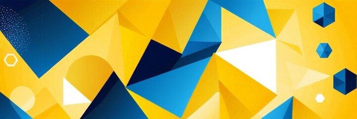Fototapeta premium Abstract geometric background with blue and yellow triangles and white shapes.