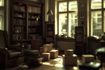 Cozy living room scene with natural pouring in through large window. Family unpacks boxes on wooden floor amidst bookshelf, desk, chair. Warm atmosphere created by light-colored walls.