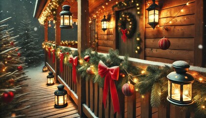 Naklejka premium Snow-covered porch decorated with Christmas garlands, red bows, ornaments, and lanterns glowing with warm light.