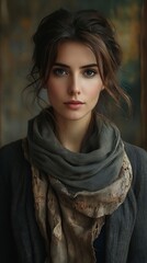 Naklejka premium A woman wearing a gray sweater and a gray scarf