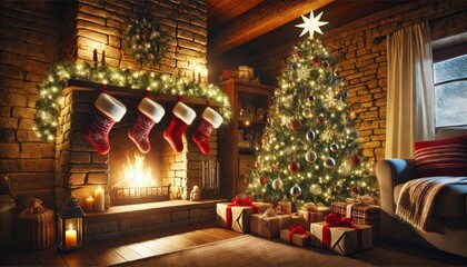 Fototapeta premium Cozy living room with Christmas tree, stone fireplace, and stockings hanging on the mantel.