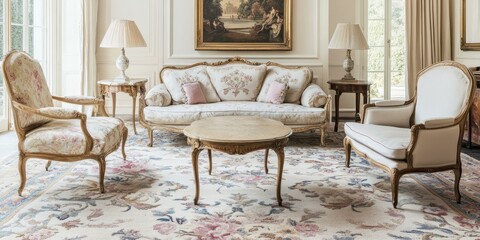 Elegant living room with ornate furniture and floral rug.