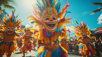 Stickers Carnaval MassKara Festival, hundreds of dancers in bright costumes dance on the main street of Bacolod city, masks with big smiles and bright colors adorn their faces, Ai generated images  © suriyani