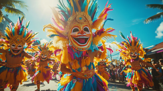 MassKara Festival, hundreds of dancers in bright costumes dance on the main street of Bacolod city, masks with big smiles and bright colors adorn their faces, Ai generated images