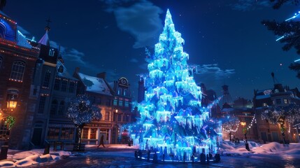 Obraz premium Glowing ice sapphire Christmas tree on the city square. Christmas and New Year celebration concept. 