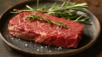 Fototapeta premium Succulent Raw Dry-Aged Steak on Rustic Plate with Herb Garnish - Gourmet Food Photography with Space for Text or Graphics
