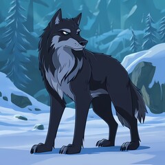 A black wolf stands in a snowy forest with a confident expression and its fur ruffled by the wind.