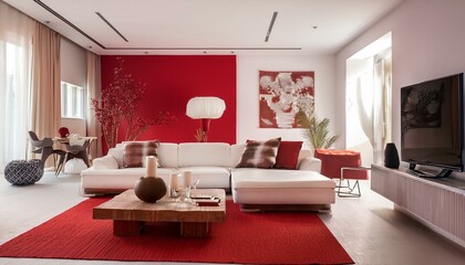 赤と白で統一されたリビングルーム