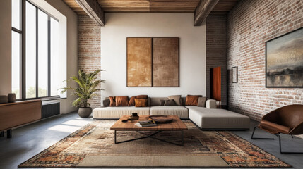 Luxury apartment living room with rustic mood, warm ambiance and natural window lighting. Modern industrial Real Estate interior design composition