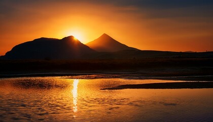 水辺の夕日と山のシルエット