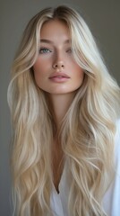 Naklejka premium A woman with long blonde hair is posing for a picture