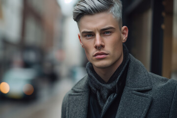Obraz premium Man with a trendy nose ring and a scarf is standing on a street
