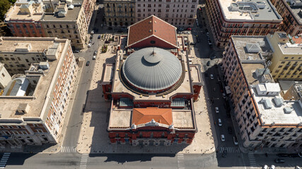 Aerial view of the Petruzzelli Theatre in Bari, Puglia, Italy. It is the largest theatre in the...