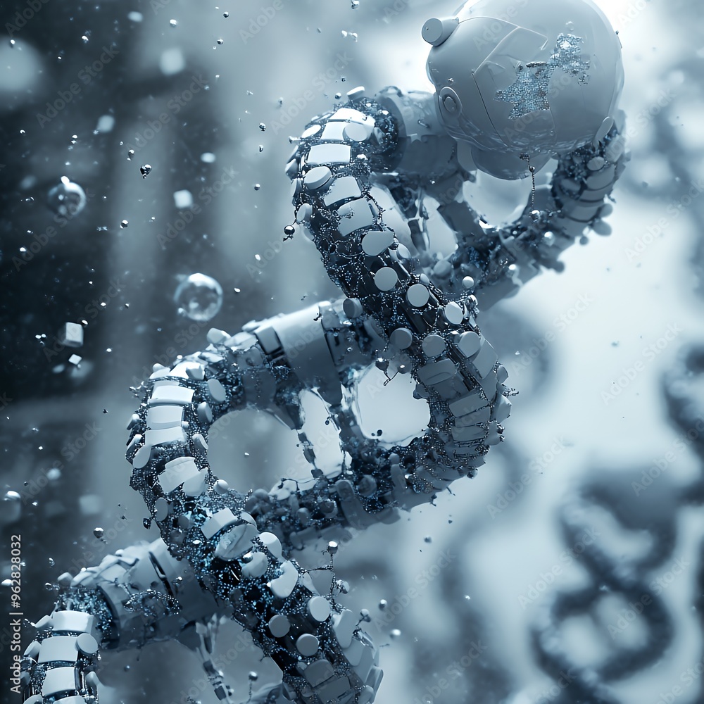 Aufkleber a 3d rendering of a white dna helix with a white sphere at the top. there are small particles around