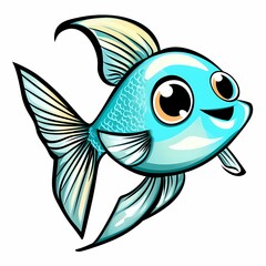 A cartoon blue fish with big eyes and a happy expression, swimming to the right.
