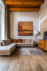 Fototapeta premium Luxury apartment living room with rustic mood, warm ambiance and natural window lighting. Modern industrial Real Estate interior design composition