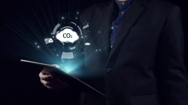 Business person implements initiatives to reduce CO2 emissions, aiming for net zero. Showcases commitment to sustainability by reducing CO2 for a greener planet. UUID