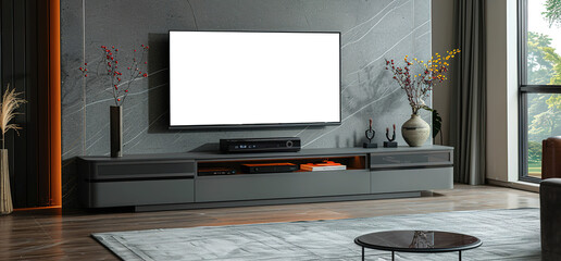 Modern living room interior with a blank screen TV on the wall, entertainment unit and a coffee table. Perfect for product placements or presentations.