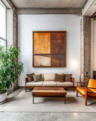 Luxury apartment living room with rustic mood, warm ambiance and natural window lighting. Modern industrial Real Estate interior design composition