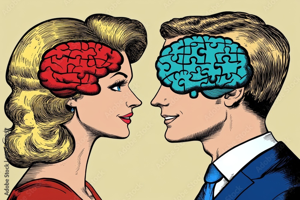 Poster neural chips brain connectivity retro style illustration of a couple with brain puzzle pieces symbol