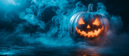 Happy Halloween banner or party invitation background with clouds, bats and pumpkins in paper cut style. Vector illustration. Full moon in orange sky, spiders web and witch cauldron. Place for text