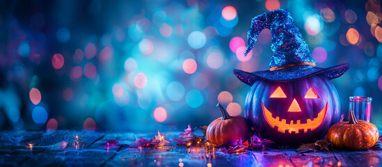 Happy Halloween banner or party invitation background with clouds, bats and pumpkins in paper cut style. Vector illustration. Full moon in orange sky, spiders web and witch cauldron. Place for text