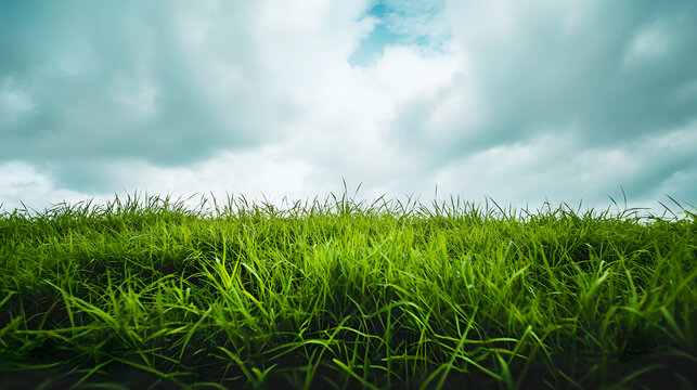 green grass landscape beneath a soft, overcast sky, highlighting the vibrancy of the grass