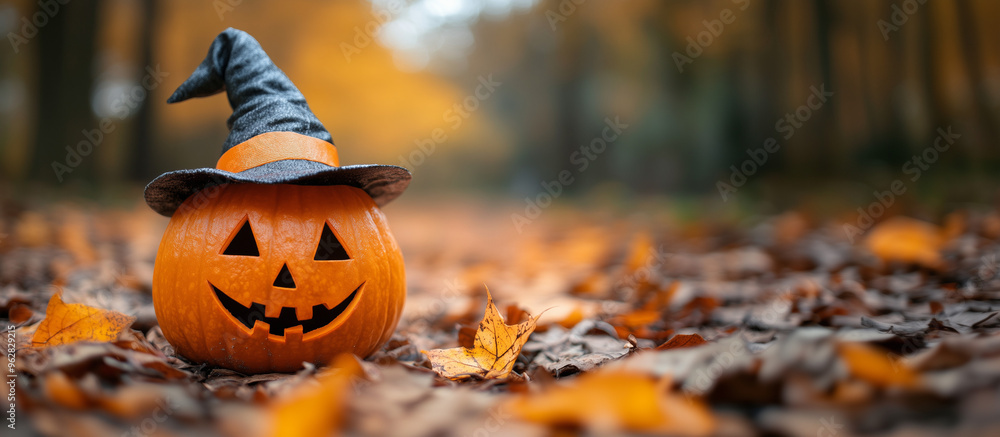 Fototapete happy halloween banner or party invitation background with clouds, bats and pumpkins in paper cut st