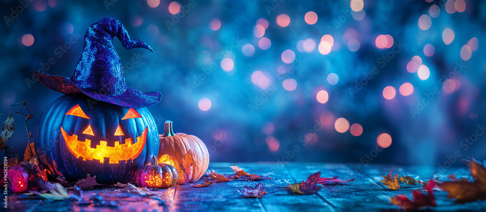 Fototapete happy halloween banner or party invitation background with clouds, bats and pumpkins in paper cut st