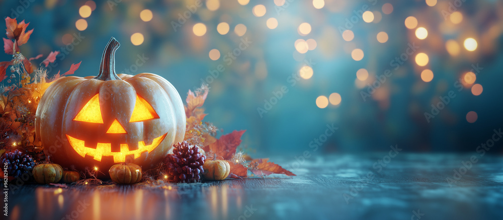 Fototapete happy halloween banner or party invitation background with clouds, bats and pumpkins in paper cut st