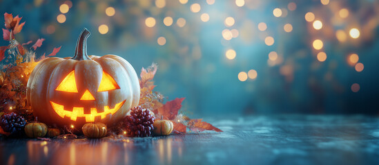 Happy Halloween banner or party invitation background with clouds, bats and pumpkins in paper cut style. Vector illustration. Full moon in orange sky, spiders web and witch cauldron. Place for text