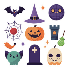 Flat halloween element collection on white background